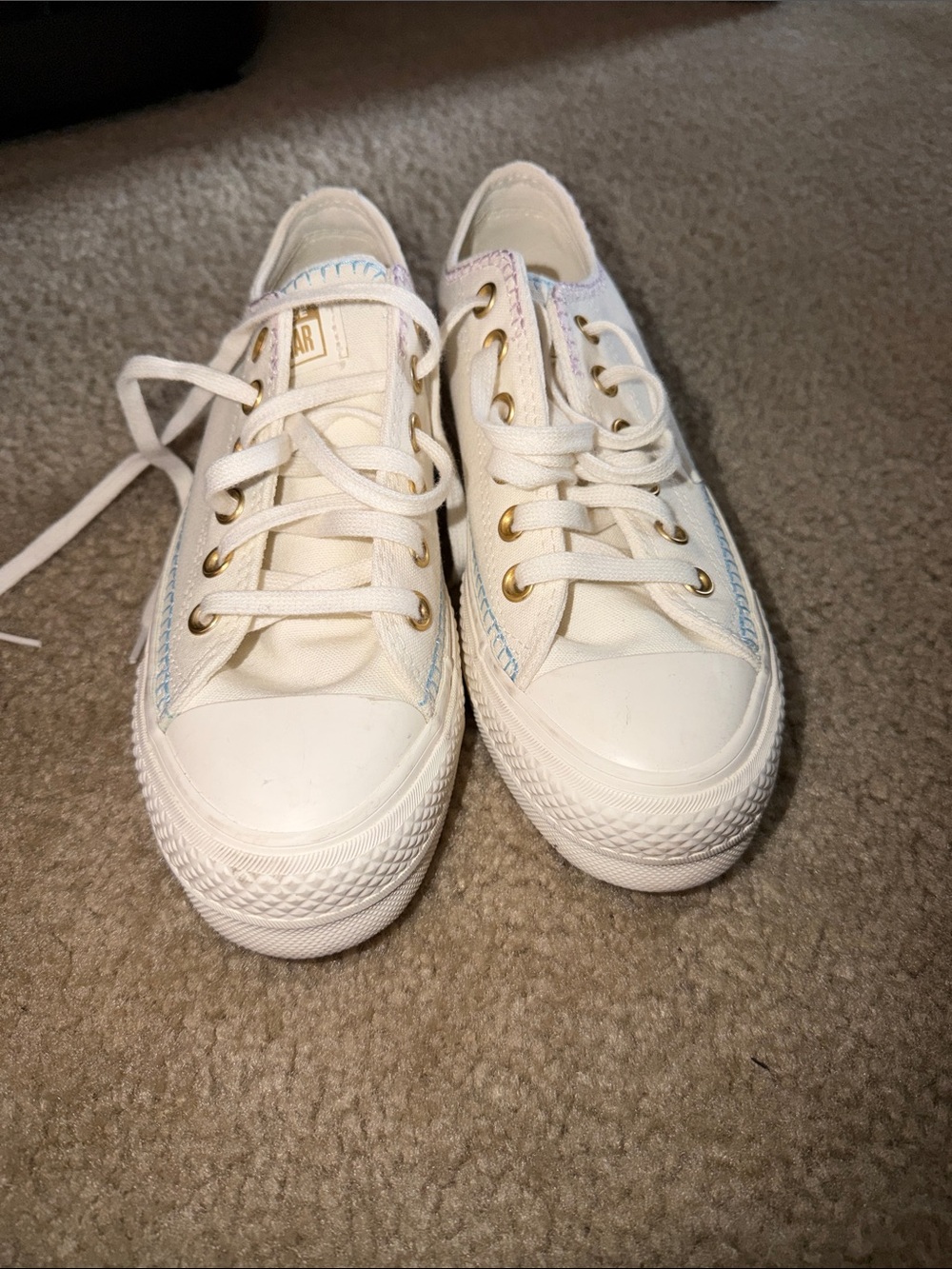 White Low-Top Canvas Sneakers with Pastel Stitching